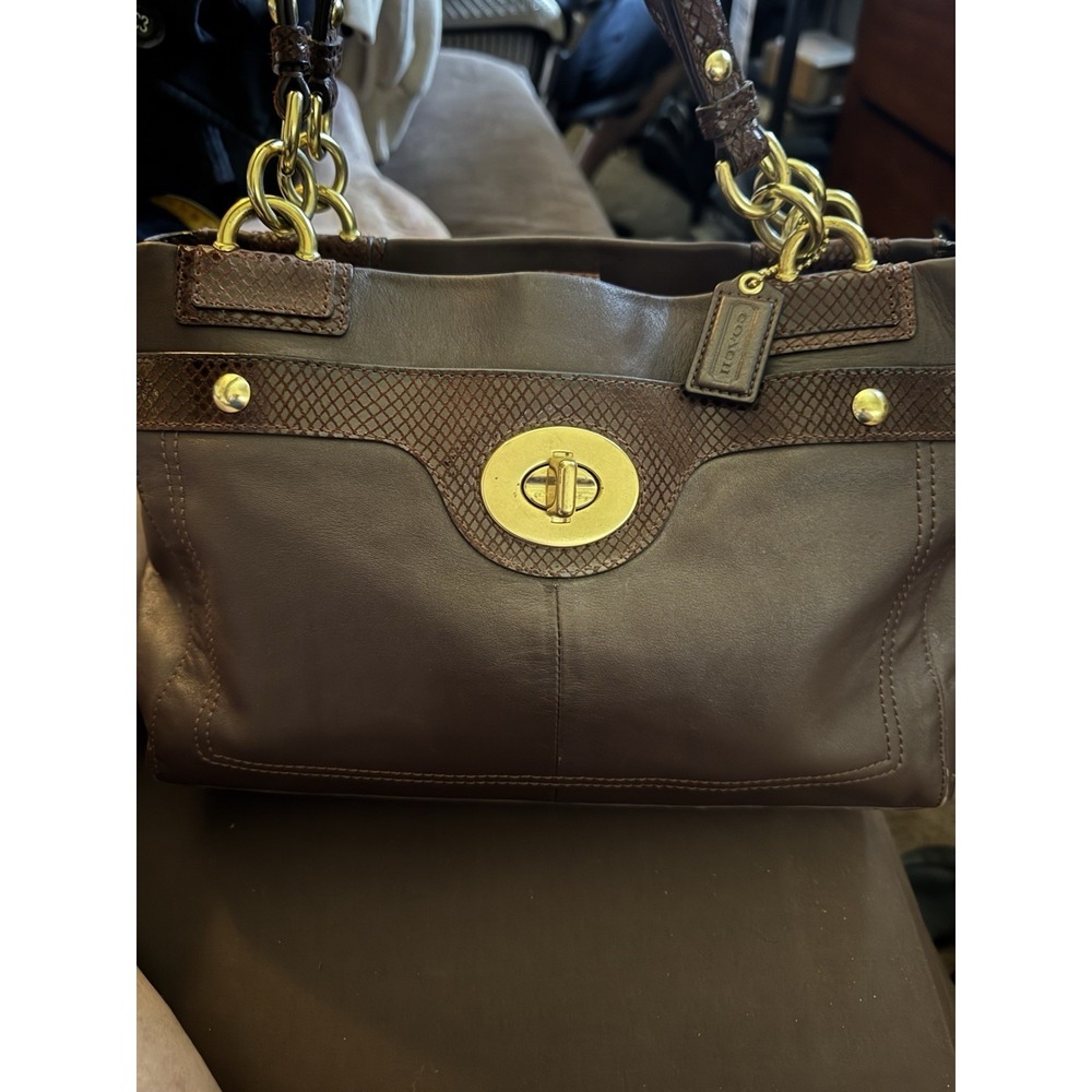 Coach penelope Leather Carryall Snakeskin Accent Turn lock Bag F16531 EUC PT2 - Picture 1 of 13